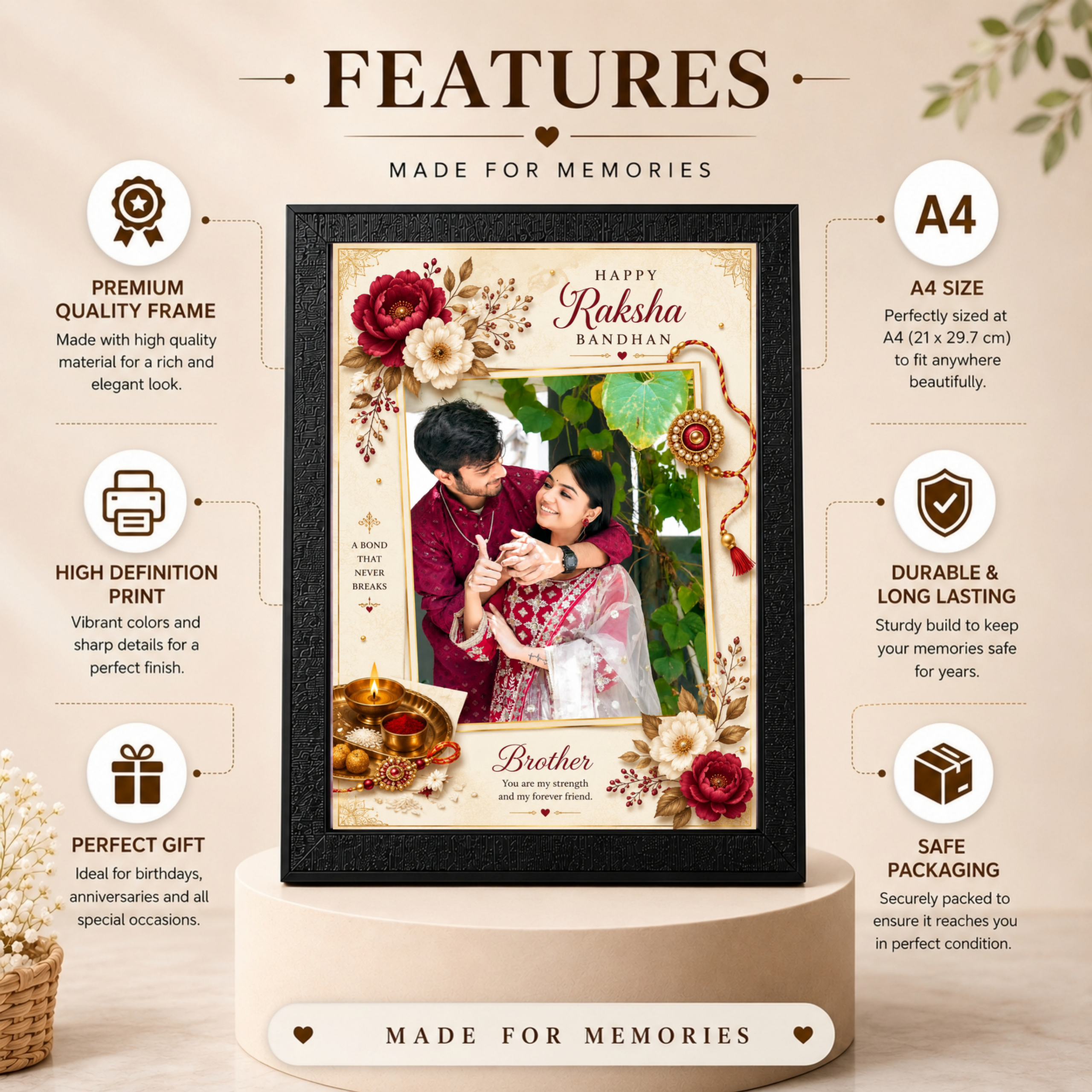 Personalized Raksha Bandhan Photo Frame – Design 2 | Custom A4 Gift