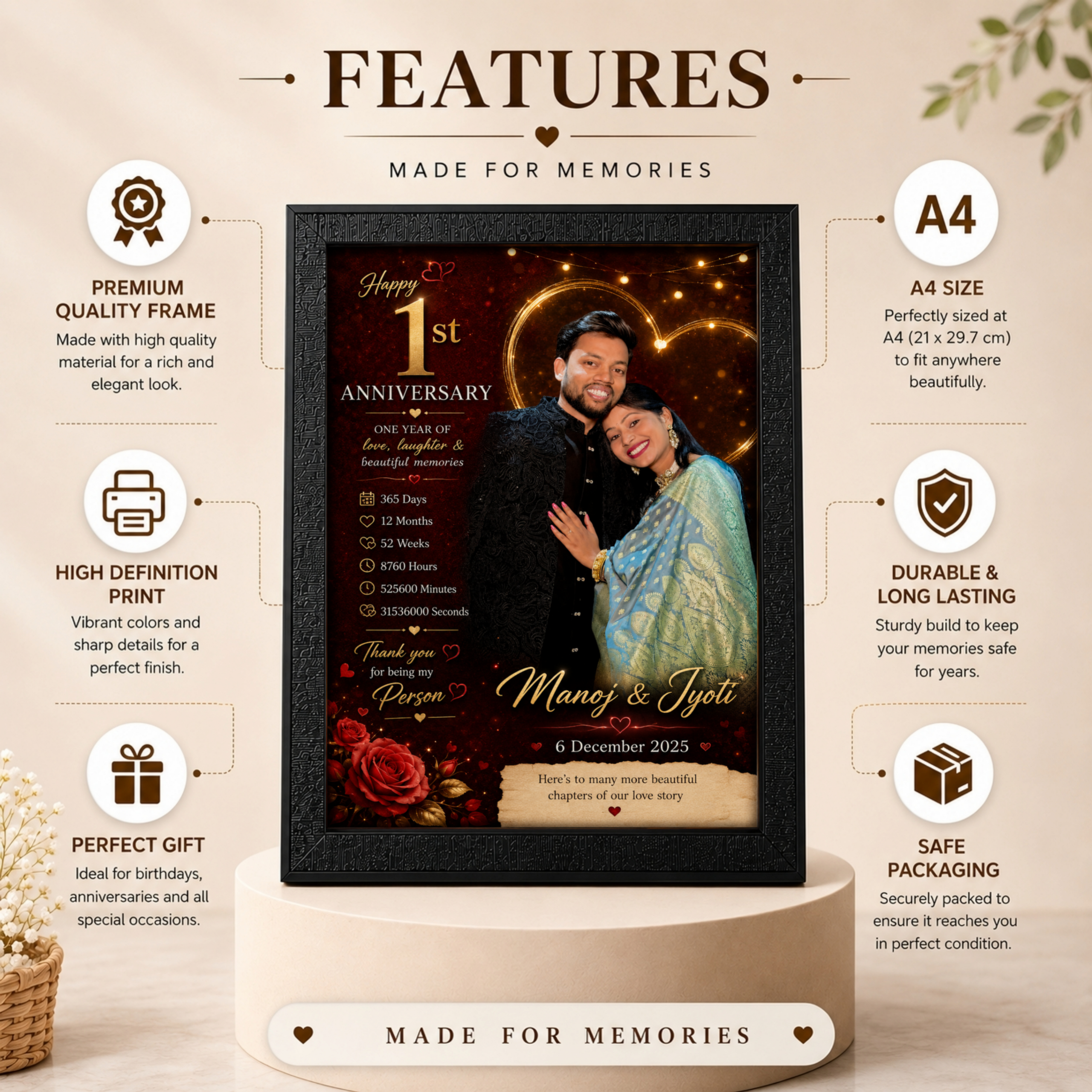 1st Anniversary Gift | Personalized A4 Photo Frame