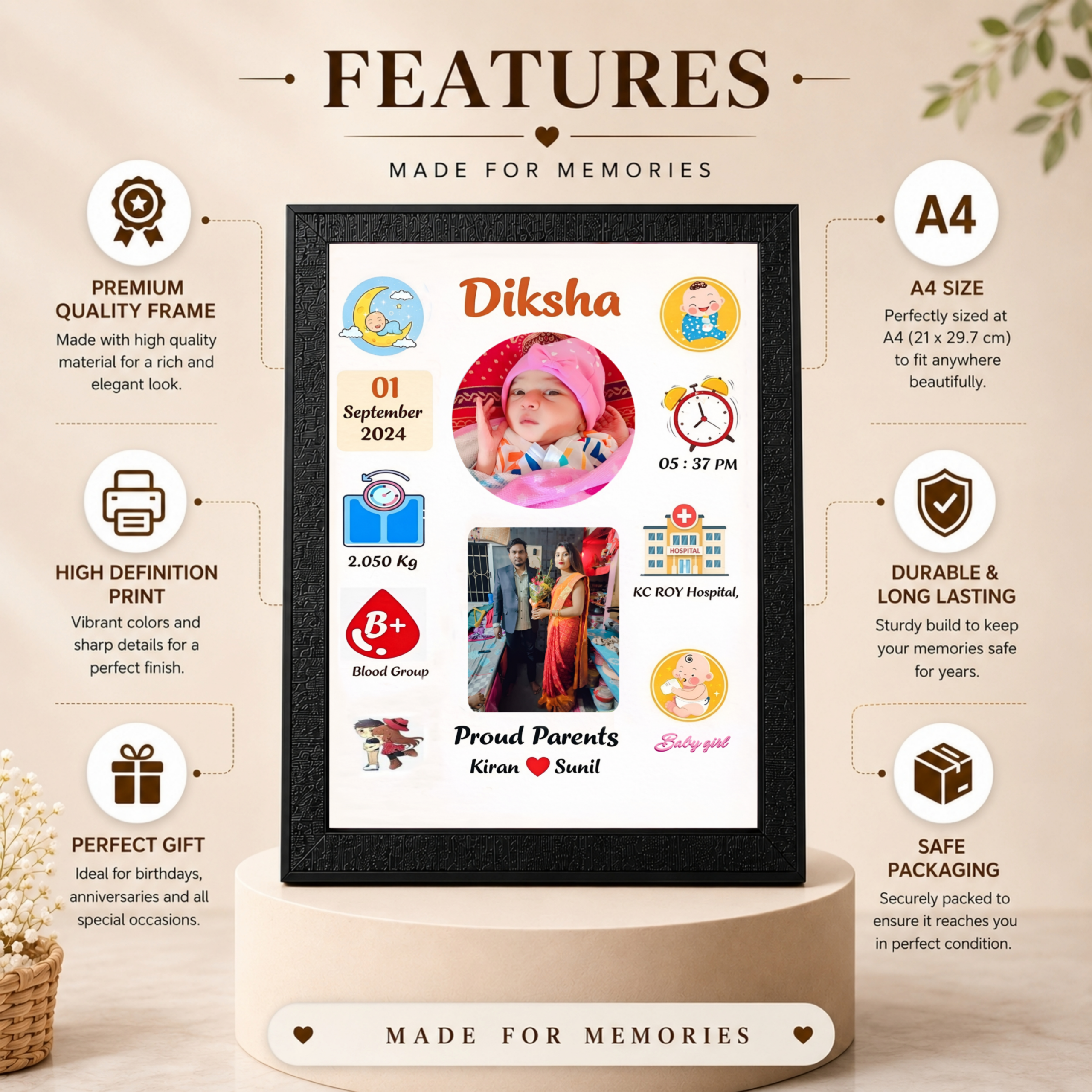 Personalized Baby Birth Photo Frame – Design 3 | Custom A4 Gift