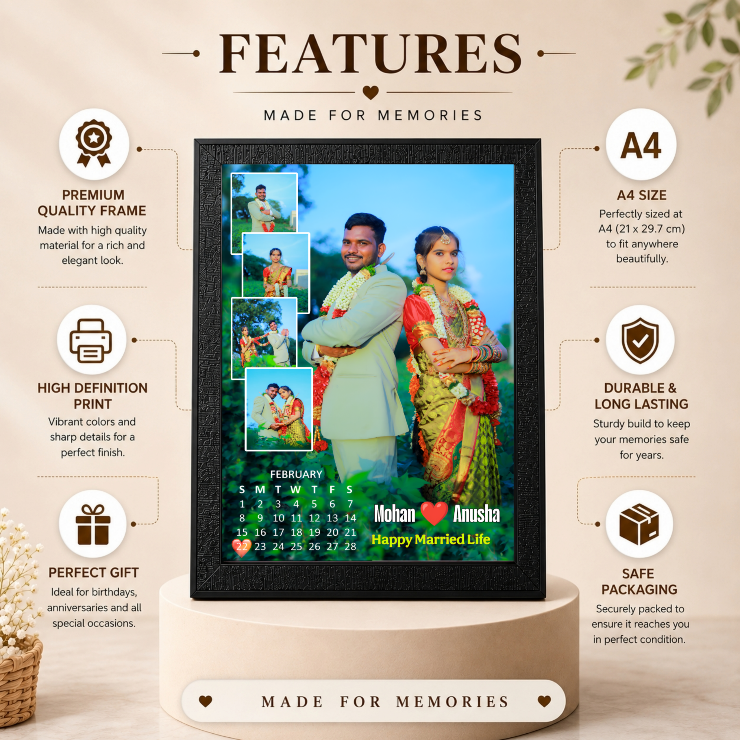 Personalized Wedding Photo Frame – Design 1 | Custom A4 Gift
