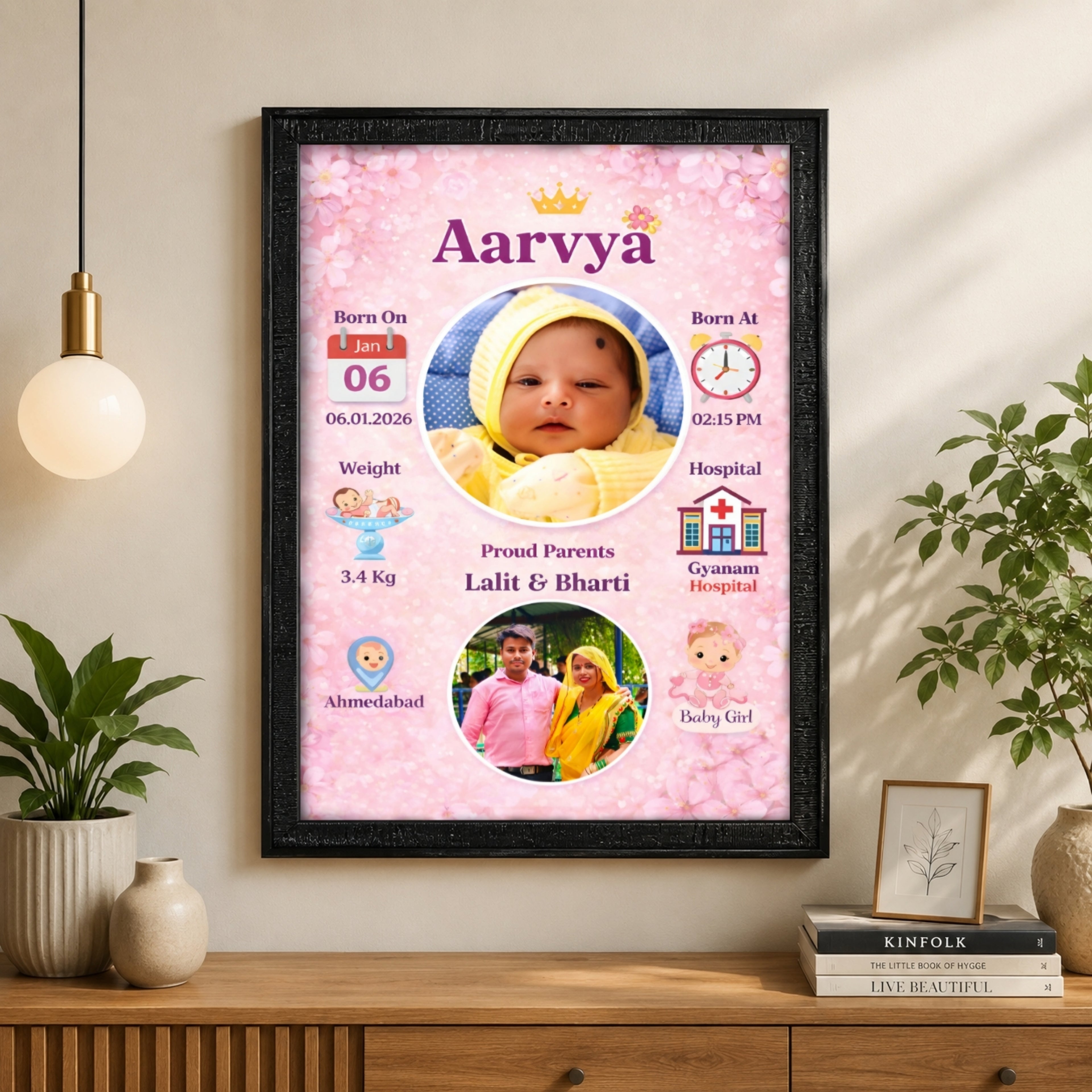 Personalized Baby Birth Photo Frame – Design 1 | Custom A4 Gift