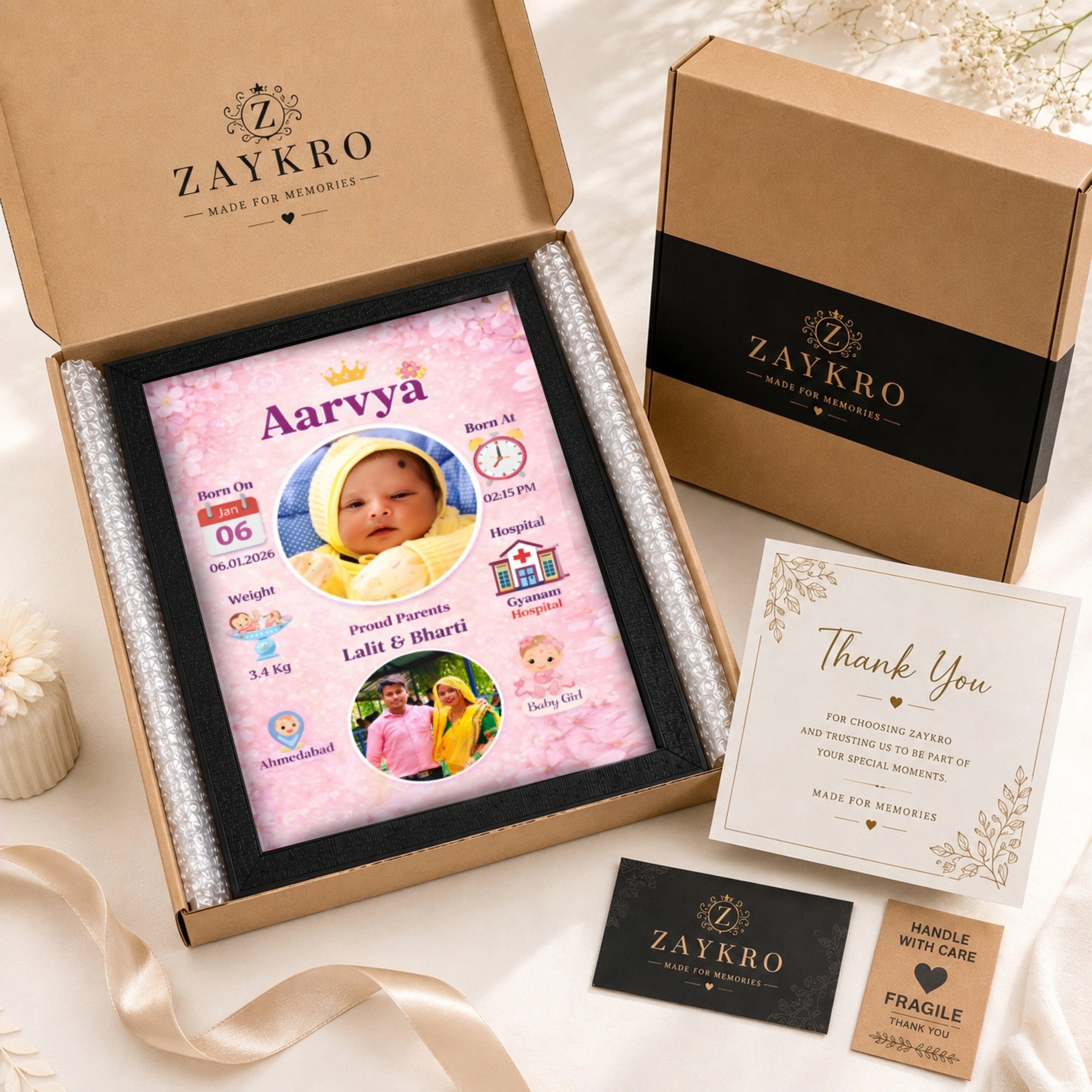 Personalized Baby Birth Photo Frame – Design 1 | Custom A4 Gift