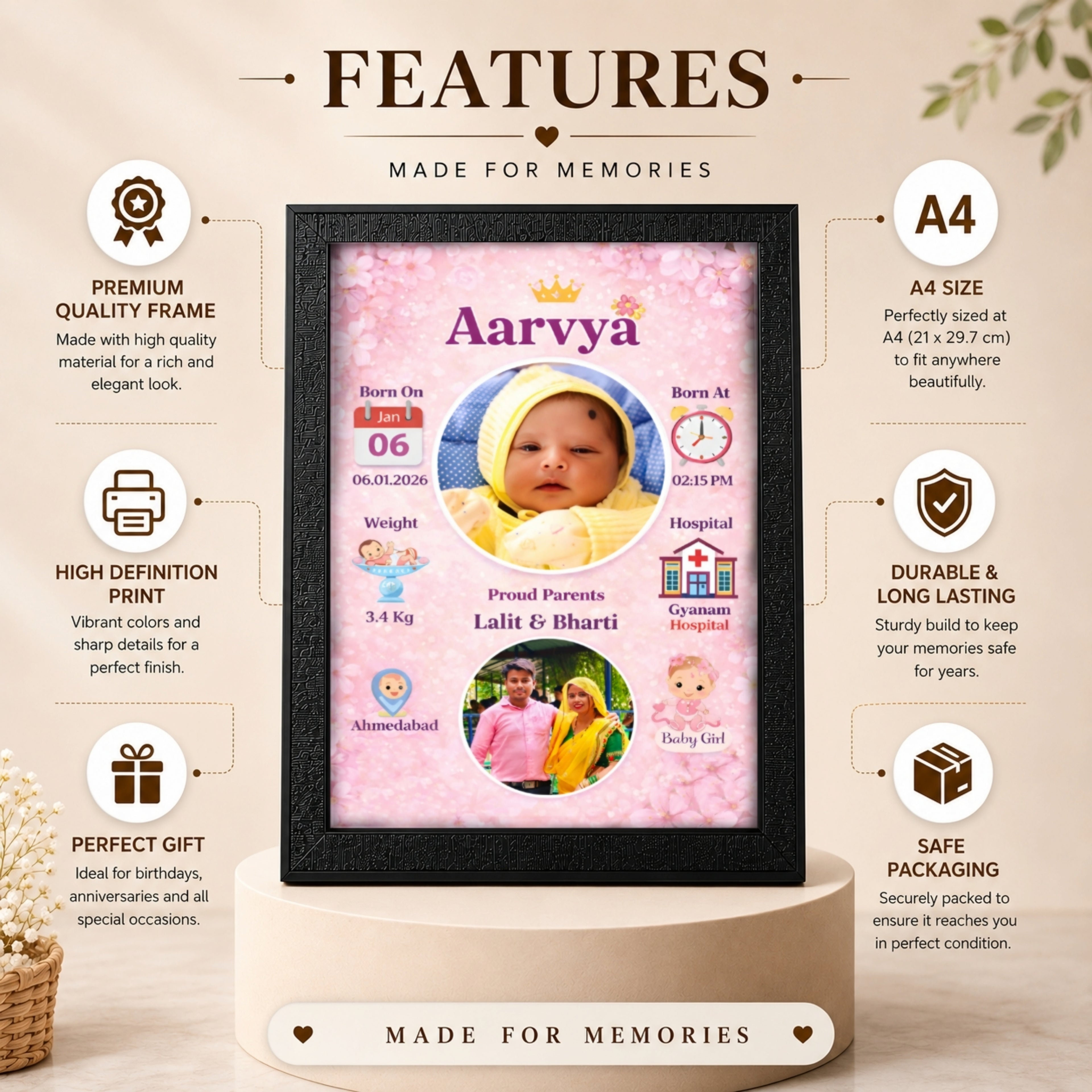Personalized Baby Birth Photo Frame – Design 1 | Custom A4 Gift