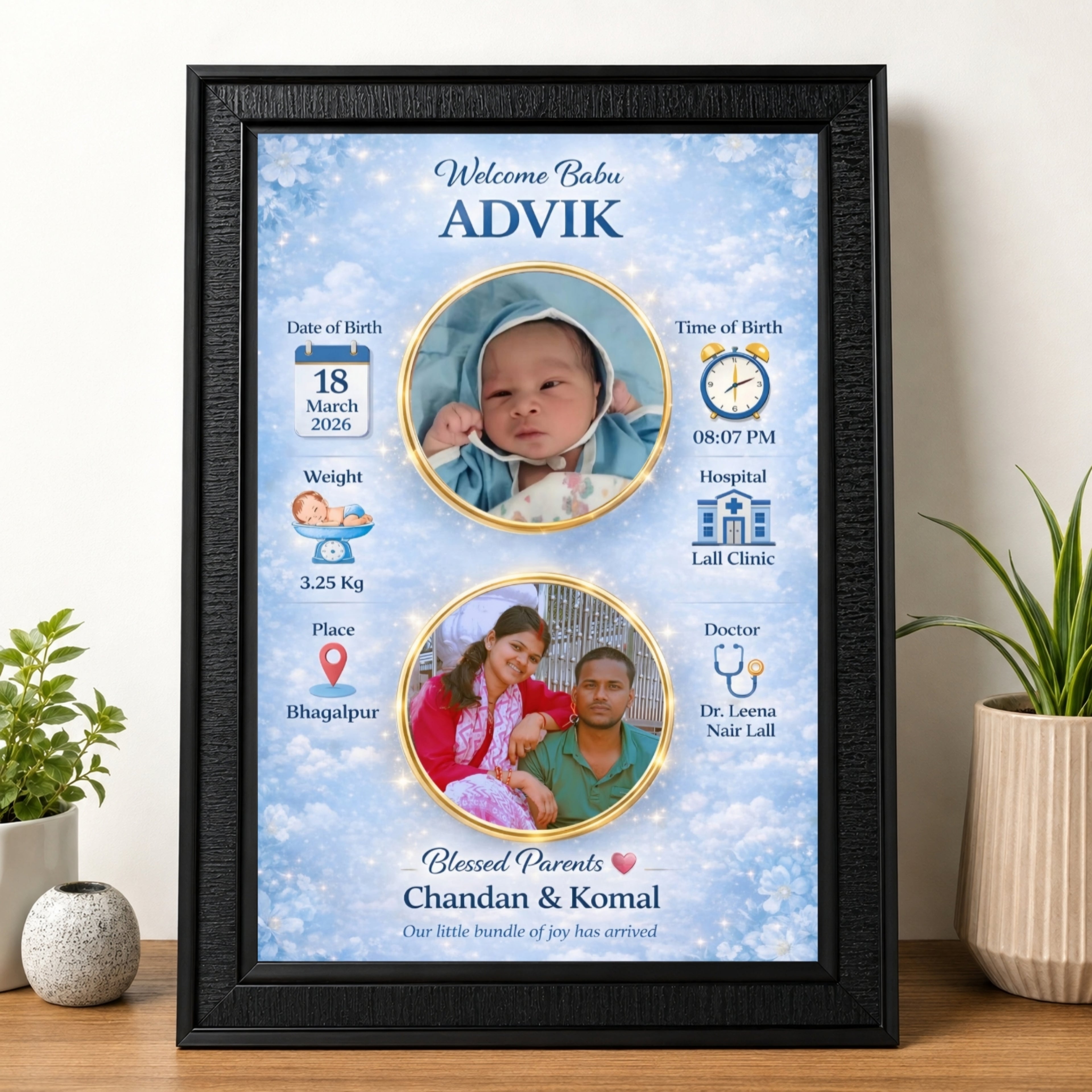 Personalized Baby Birth Photo Frame – Design 2 | Custom A4 Gift