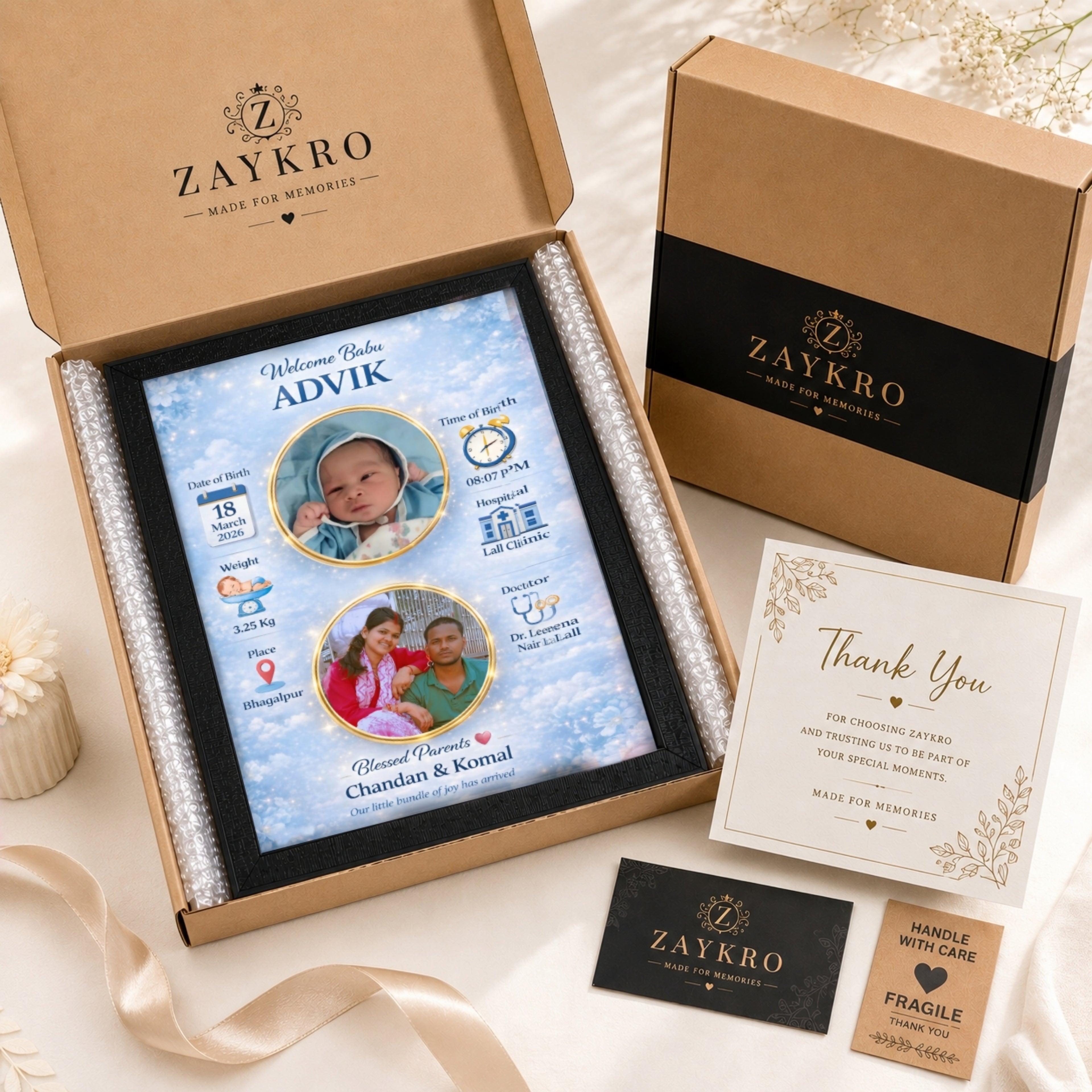 Personalized Baby Birth Photo Frame – Design 2 | Custom A4 Gift