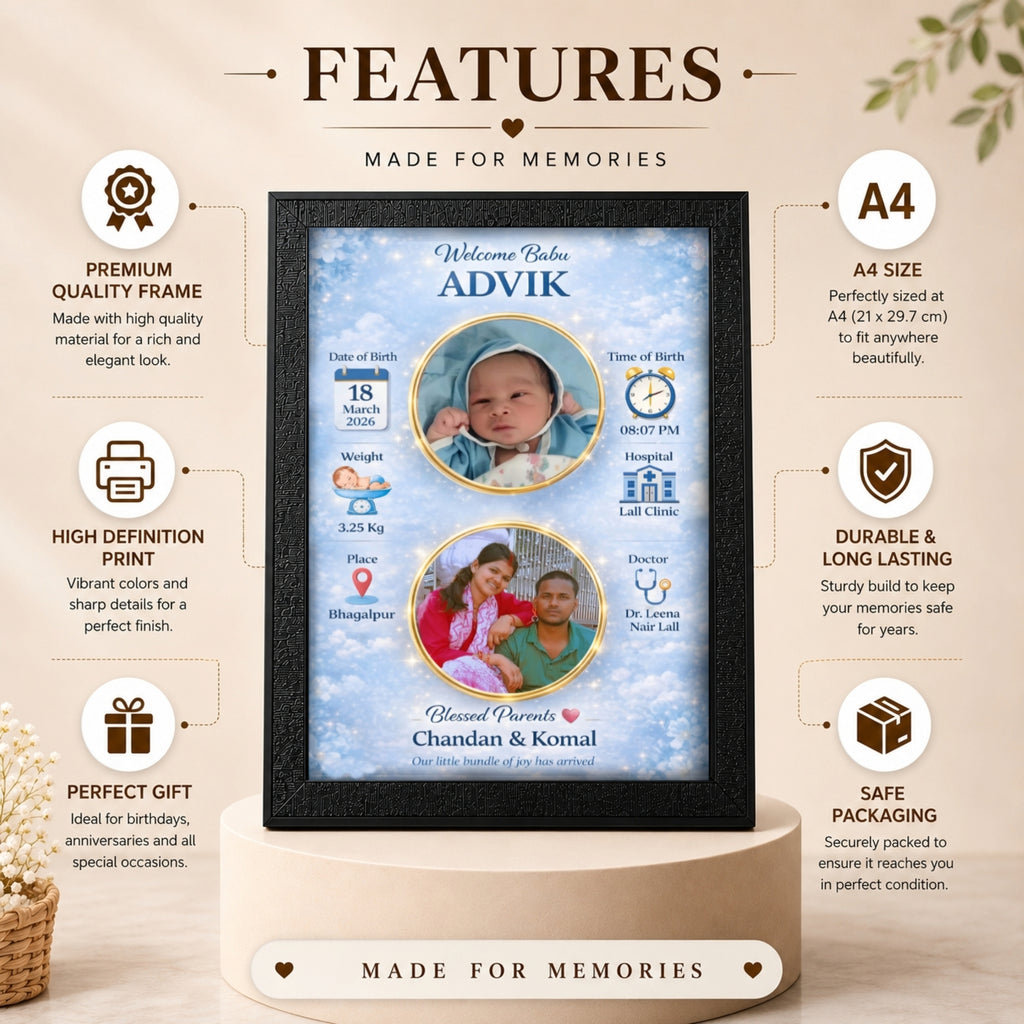 Personalized Baby Birth Photo Frame – Design 2 | Custom A4 Gift