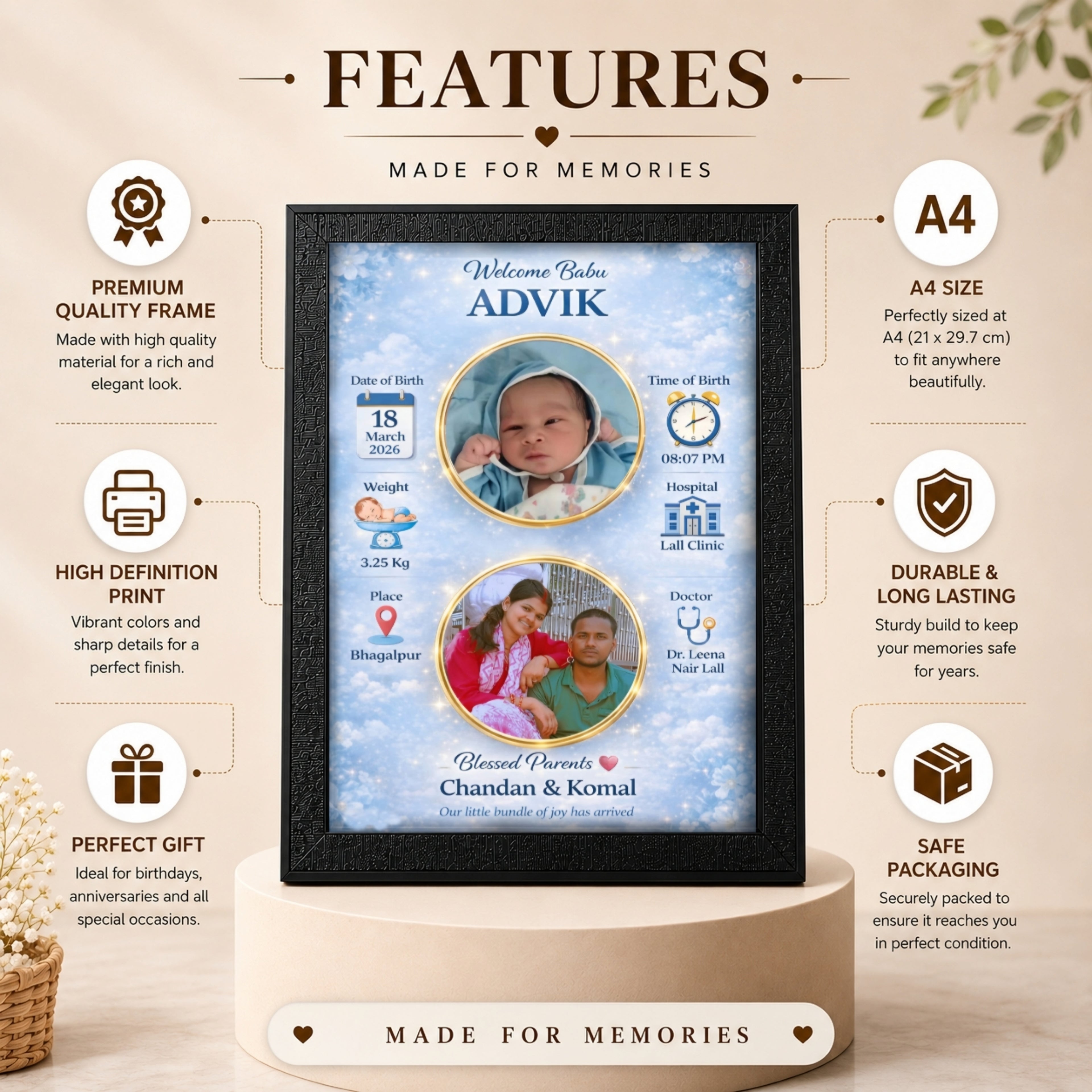 Personalized Baby Birth Photo Frame – Design 2 | Custom A4 Gift