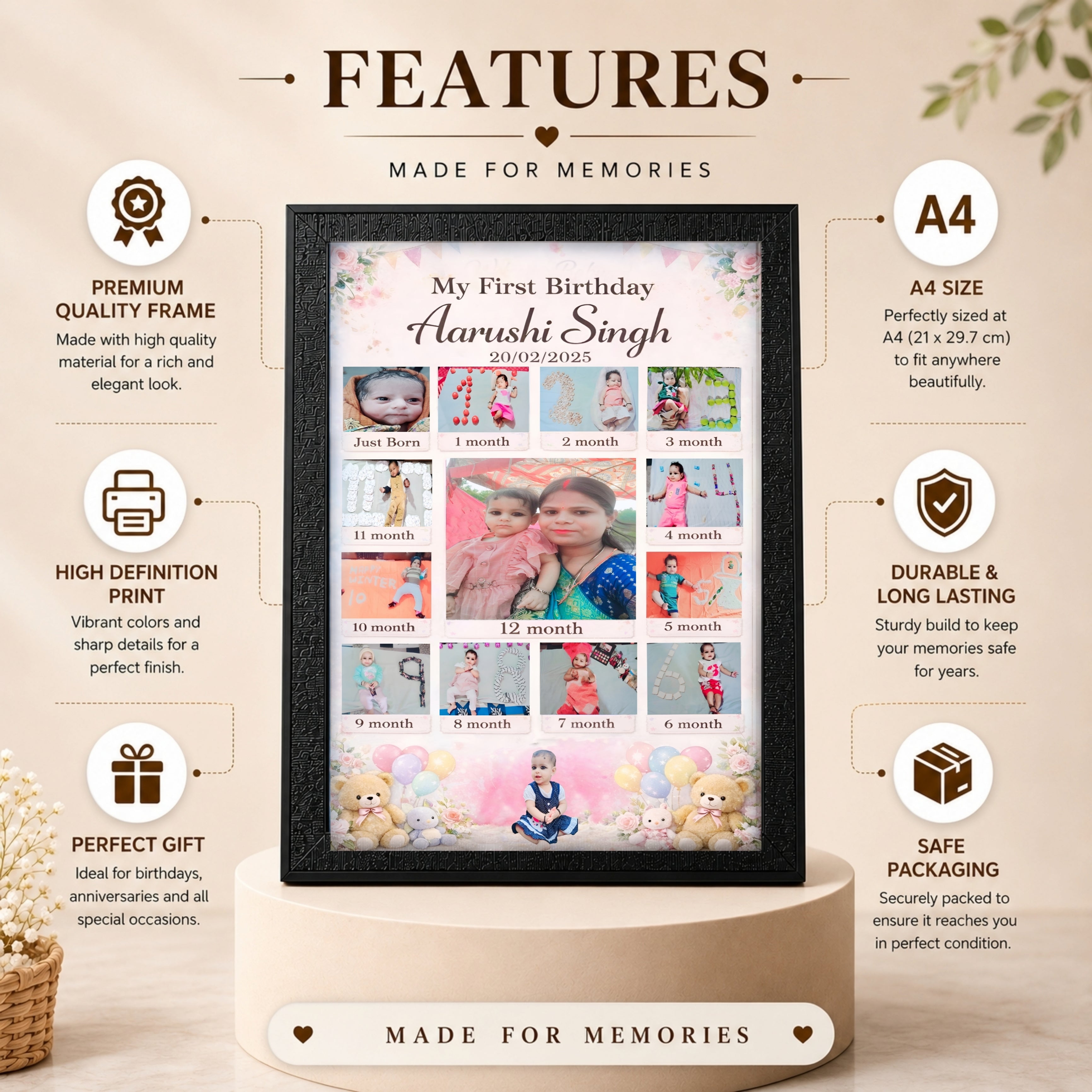 12 Month Baby Photo Frame | Personalized A4 Memory Frame